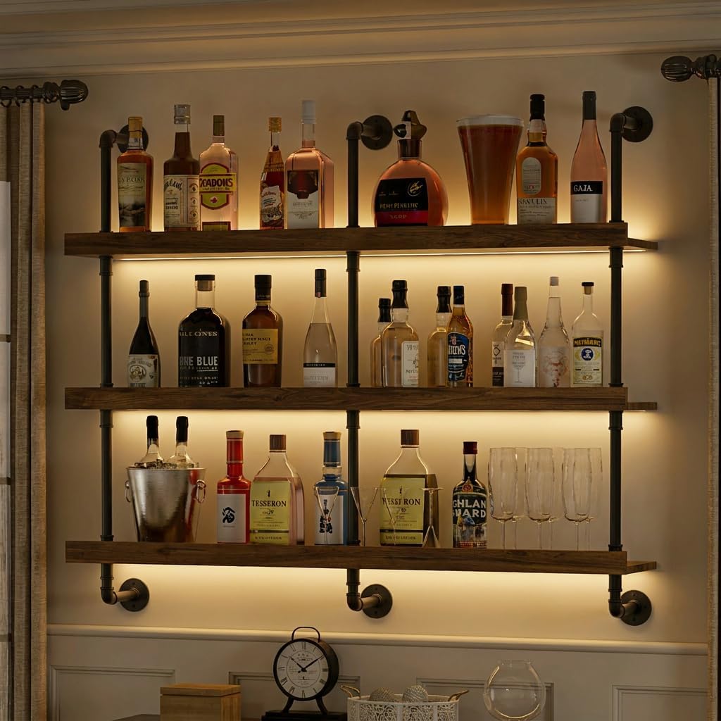 Home Bar Shelf - Rak Anggur Dinding dengan Lampu LED,